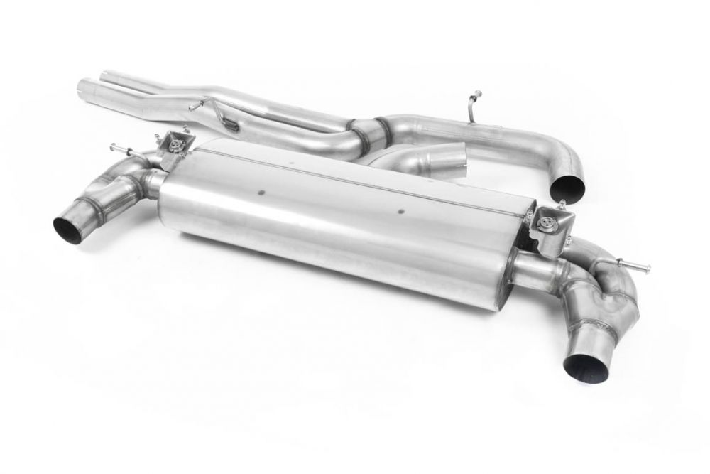 Milltek Sport exhaust system parts for 2016+ Audi TT Mk3 TTRS 2.5TFSI Quattro (part SSXAU732): pipework, silencers and polished silver tailpipe tips