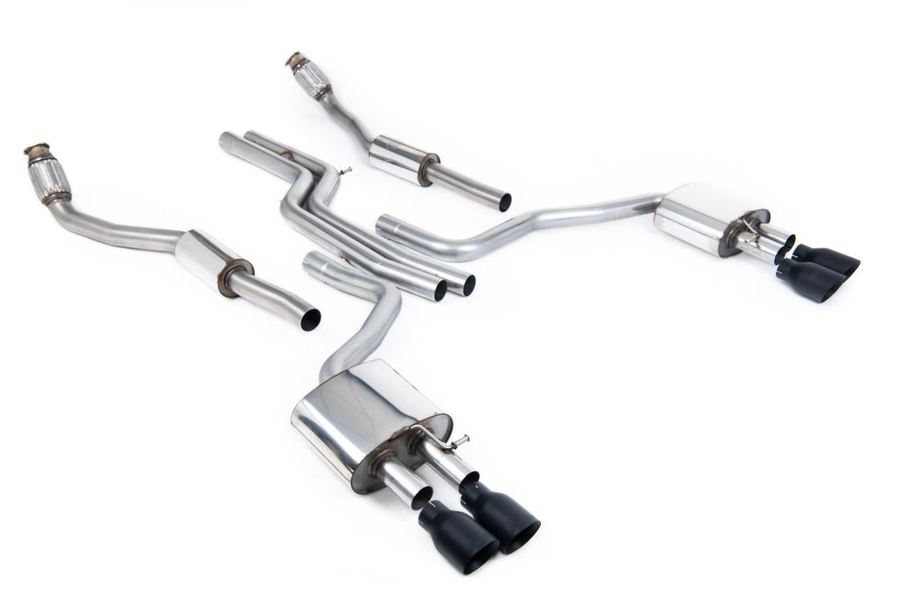Milltek Sport exhaust system parts for 2012-2018 Audi S6 4.0 TFSI C7 quattro (part SSXAU737): pipework, silencers and black tailpipe tips