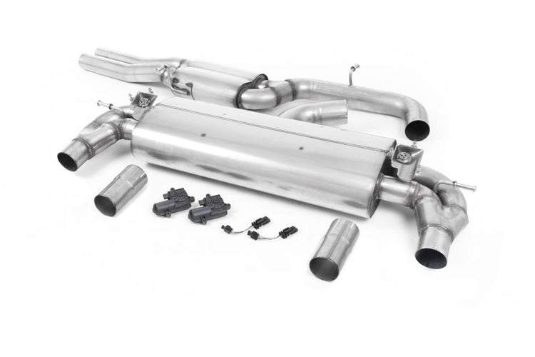 A top view of Milltek Resonated Cat-Back Exhaust System Polished Tips for Audi RS3 8V Saloon / Sedan 2015+ with white background