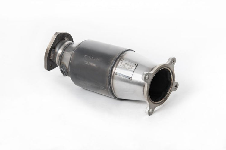 A front view of Milltek 2.75" Large Bore Downpipe w/ Hi-Flow Sports Catalyst Audi A4 B9 2.0 TFSI Quattro 2016-2019 with white background