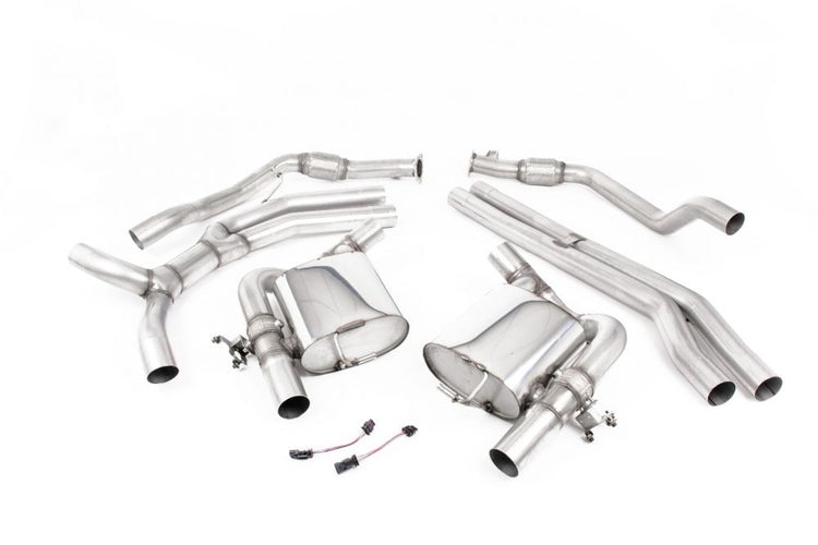 A front view of Milltek Non-Resonated Catback Exhaust System Audi RS4 B9 2.9 V6 Turbo 2018-2023 with white background