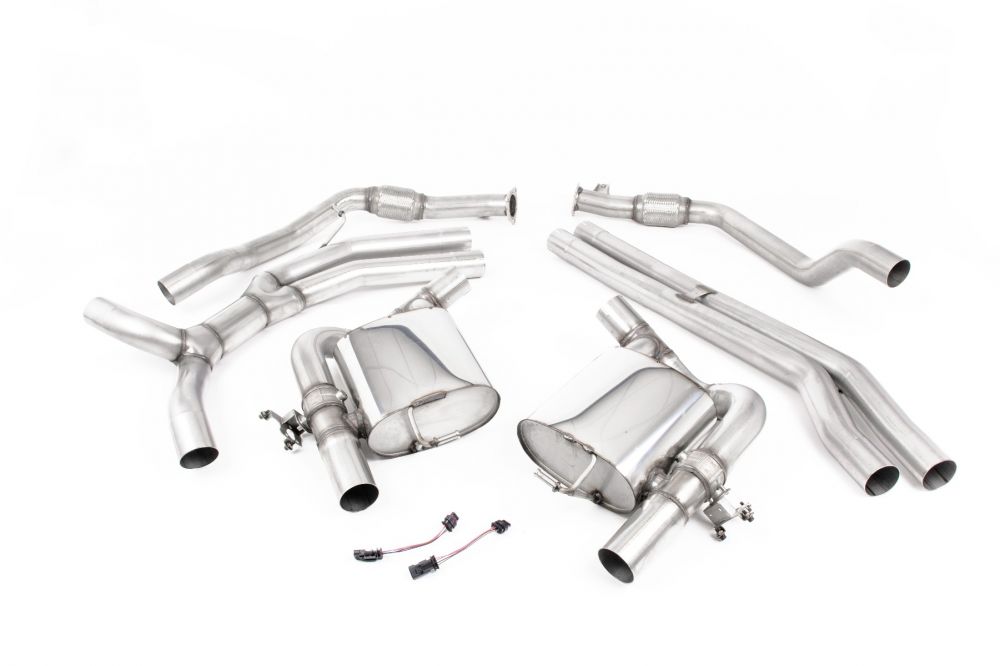 Milltek Sport exhaust system parts for 2018+ Audi RS4 B9 2.9 V6 Turbo Avant (part SSXAU752): pipework, silencers and polished silver tailpipe tips