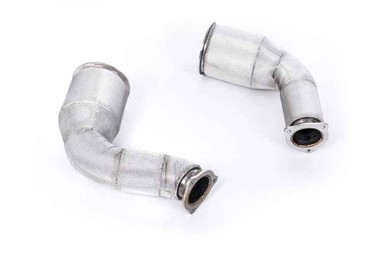 A top view of Milltek Large Bore Downpipe w/ De Cat for Audi RS4 B9 2016+ with white background