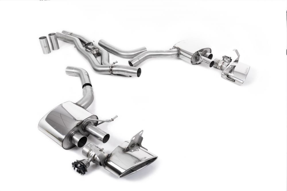 Milltek Sport exhaust system parts for 2019+ Audi RS7 C8 4.0 V8 bi-turbo (part SSXAU862): pipework, silencers and black tailpipe tips