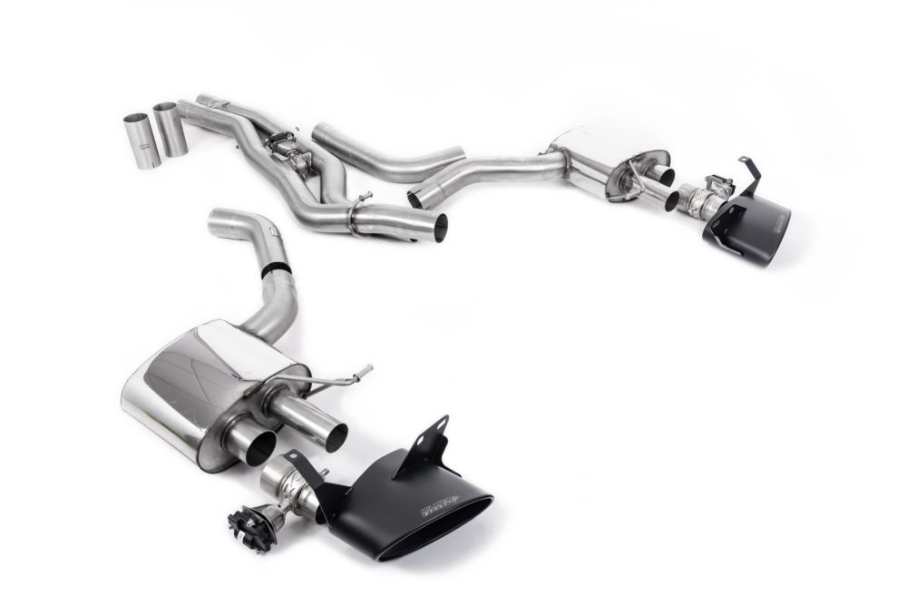 Milltek Sport exhaust system parts for 2019+ Audi RS7 C8 4.0 V8 bi-turbo (part SSXAU863): pipework, silencers and black tailpipe tips