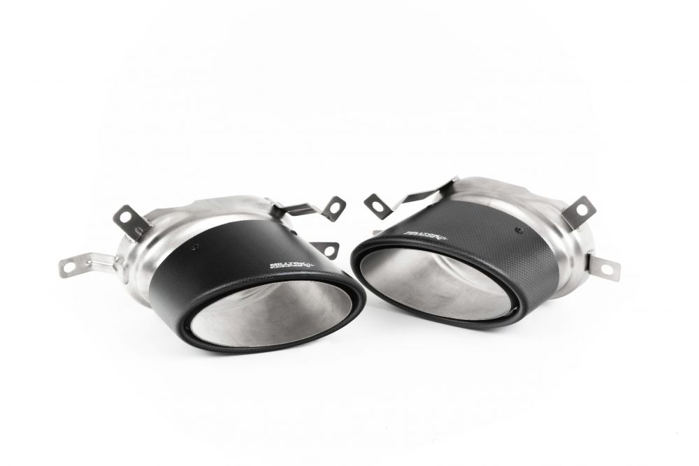 Close-up of polished silver Milltek Sport exhaust tips for the 2013-2018 Audi RS7 C7 Sportback 4.0 V8 TFSI biturbo inc Performance Edition (part SSXAU866)