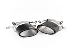Close-up of polished silver Milltek Sport exhaust tips for the 2013-2018 Audi RS7 C7 Sportback 4.0 V8 TFSI biturbo inc Performance Edition (part SSXAU866)