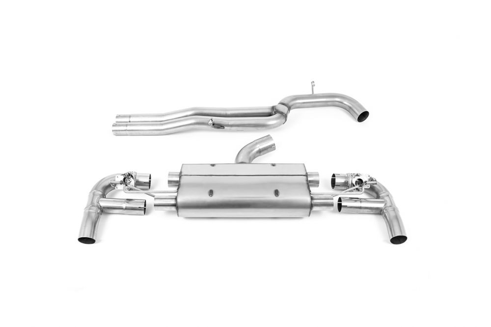 Milltek Sport exhaust system parts for 2017-2018 Audi RS3 Sportback 400PS - Non-OPF/GPF Models (part SSXAU885): pipework, silencers and polished silver tailpipe tips (photo 4)