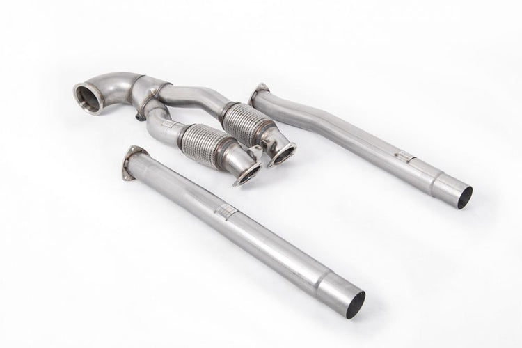 A top view of Milltek V2 Large Bore Race Downpipe Audi RS3 8V/8Y Saloon / Sedan | Sportback 2015+ with white background