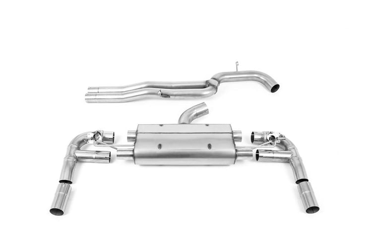 A front view of Milltek 80mm Non-Resonated Cat-Back Exhaust System for Audi RS3 8V Saloon / Sedan 2015+ with white background