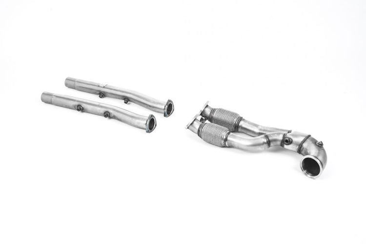A front view of Milltek V2 Large Bore Race Downpipe w/ De Cat for Audi RS3 8V Sportback 2015+ with white background