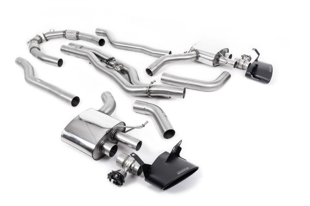Milltek Sport exhaust system parts for 2020+ Audi RS6 C8 4.0 V8 bi-turbo in Performance Edition (part SSXAU904): pipework, silencers and black tailpipe tips