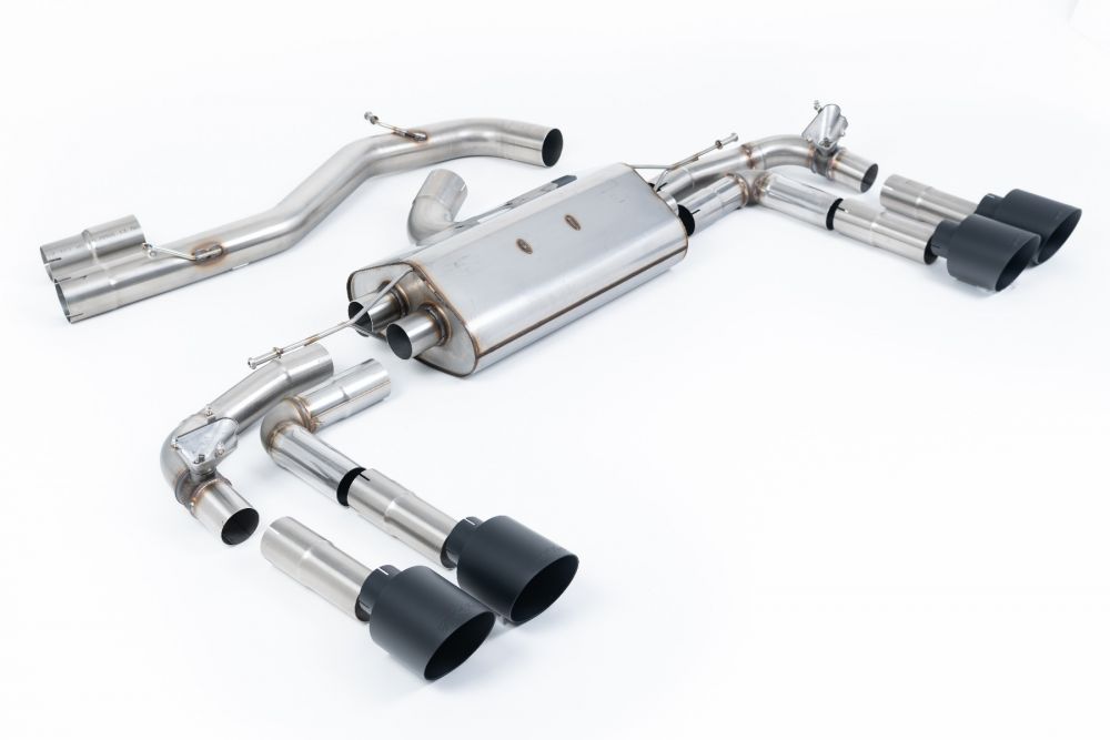 Milltek Sport exhaust system parts for 2022+ Audi S3 2.0TFSI Quattro Saloon/Sedan 310PS 8Y (part SSXAU933): pipework, silencers and black tailpipe tips