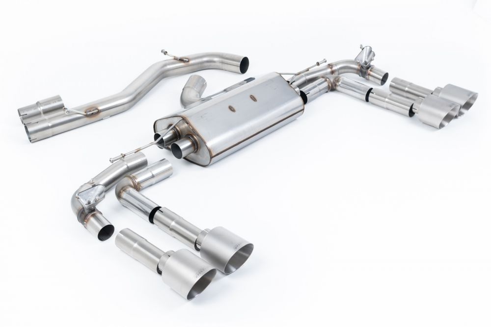 Milltek Sport exhaust system parts for 2022+ Audi S3 2.0TFSI Quattro Saloon/Sedan 310PS 8Y (part SSXAU934): pipework, silencers and polished silver tailpipe tips