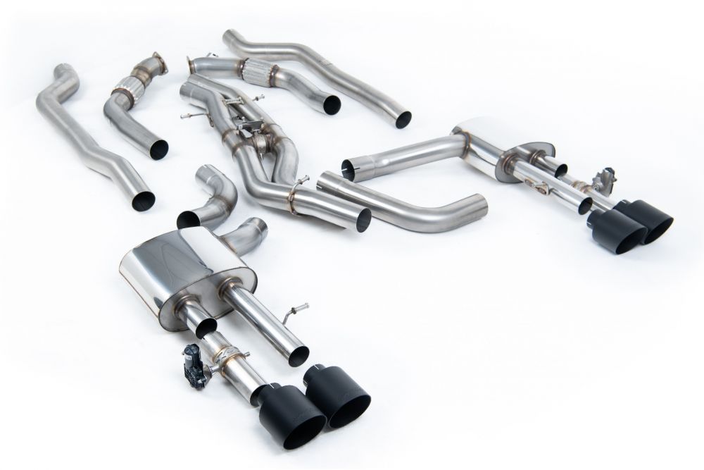 Milltek Sport exhaust system parts for 2020+ Audi S8 D5 4.0 TFSI V8 Saloon / Sedan - Standard Wheel Base (part SSXAU949): pipework, silencers and black tailpipe tips