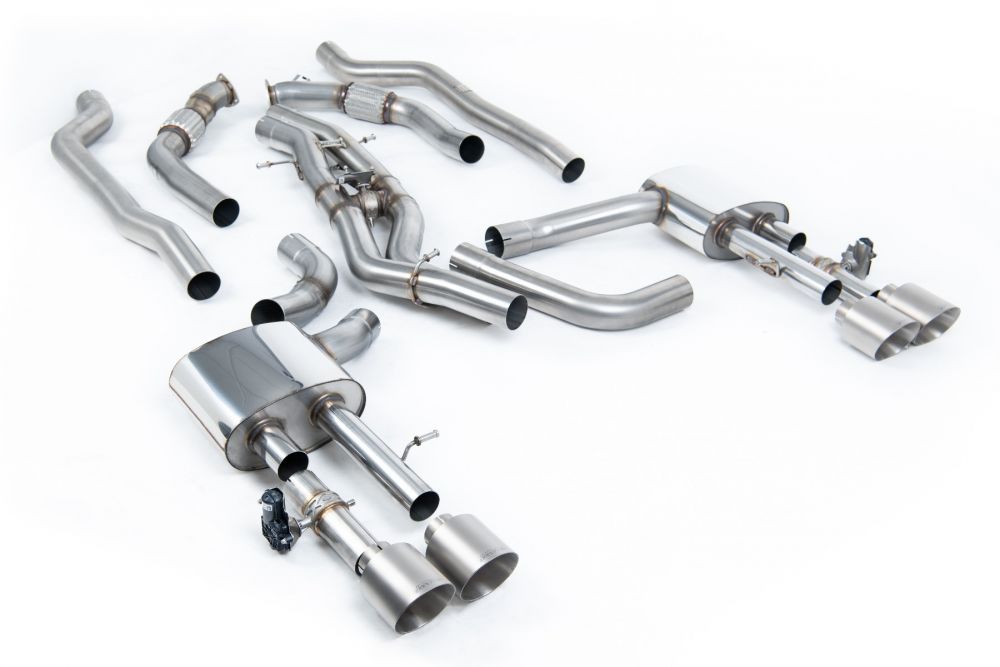 Milltek Sport exhaust system parts for 2020+ Audi S8 D5 4.0 TFSI V8 Saloon / Sedan - Standard Wheel Base (part SSXAU950): pipework, silencers and black tailpipe tips