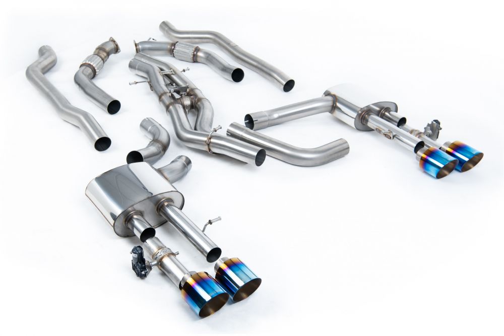 Milltek Sport exhaust system parts for 2020+ Audi S8 D5 4.0 TFSI V8 Saloon / Sedan - Standard Wheel Base (part SSXAU951): pipework, silencers and burnt titanium blue tailpipe tips