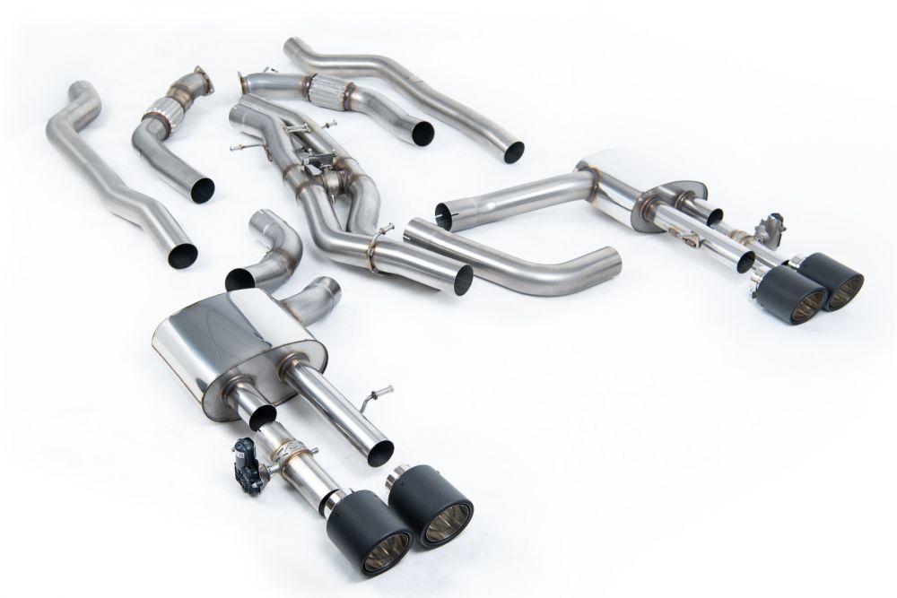 Milltek Sport exhaust system parts for 2020+ Audi S8 D5 4.0 TFSI V8 Saloon / Sedan - Standard Wheel Base (part SSXAU952): pipework, silencers and black tailpipe tips