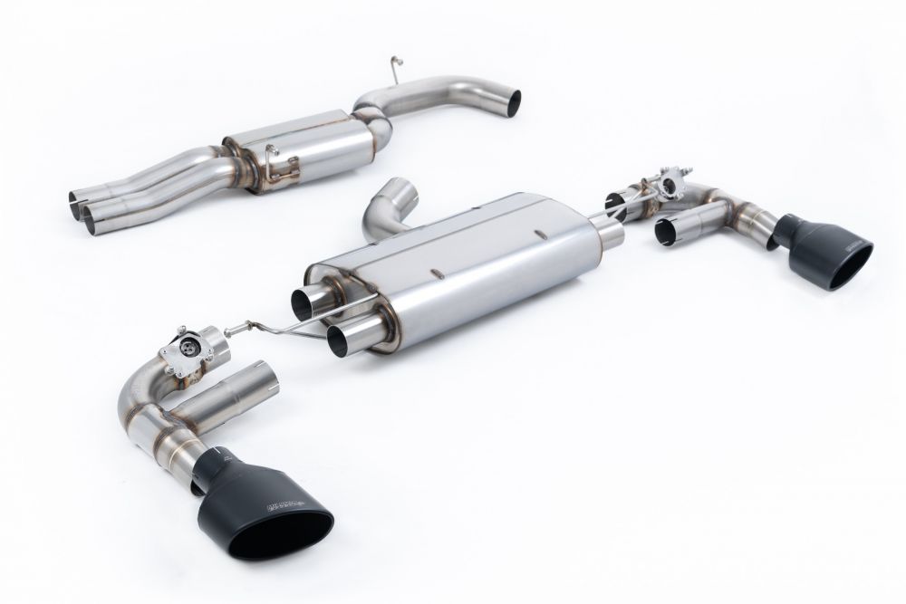 Milltek Sport exhaust system parts for 2016+ Audi TT Mk3 TTRS 2.5TFSI Quattro (part SSXAU960): pipework, silencers and black tailpipe tips