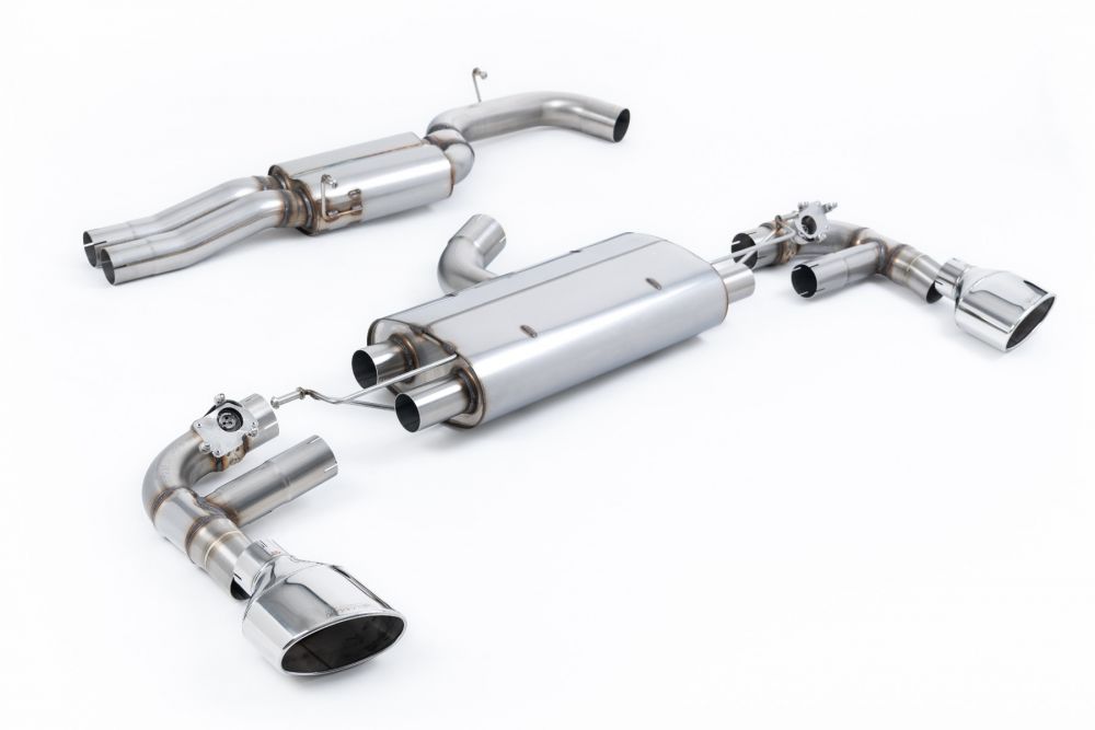 Milltek Sport exhaust system parts for 2016+ Audi TT Mk3 TTRS 2.5TFSI Quattro (part SSXAU961): pipework, silencers and black tailpipe tips