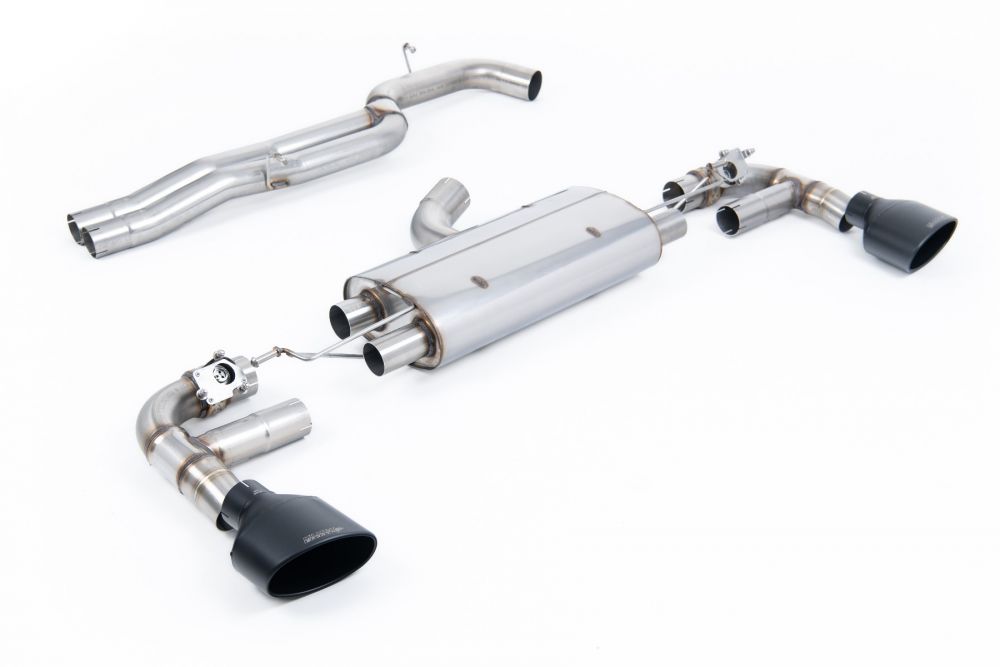 Milltek Sport exhaust system parts for 2016+ Audi TT Mk3 TTRS 2.5TFSI Quattro (part SSXAU962): pipework, silencers and black tailpipe tips