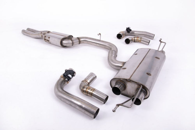 A front view of Milltek 80mm Resonated OPF Back Exhaust System Audi RS3 8Y Sportback 2021+ with white background