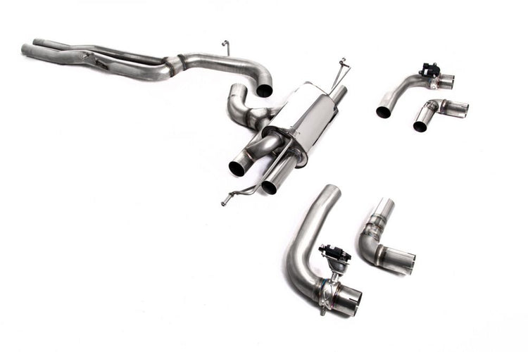 A top view of Milltek 80mm Race Non-Resonated OPF Back Exhaust System Audi RS3 8Y Sportback 2021+ with white background