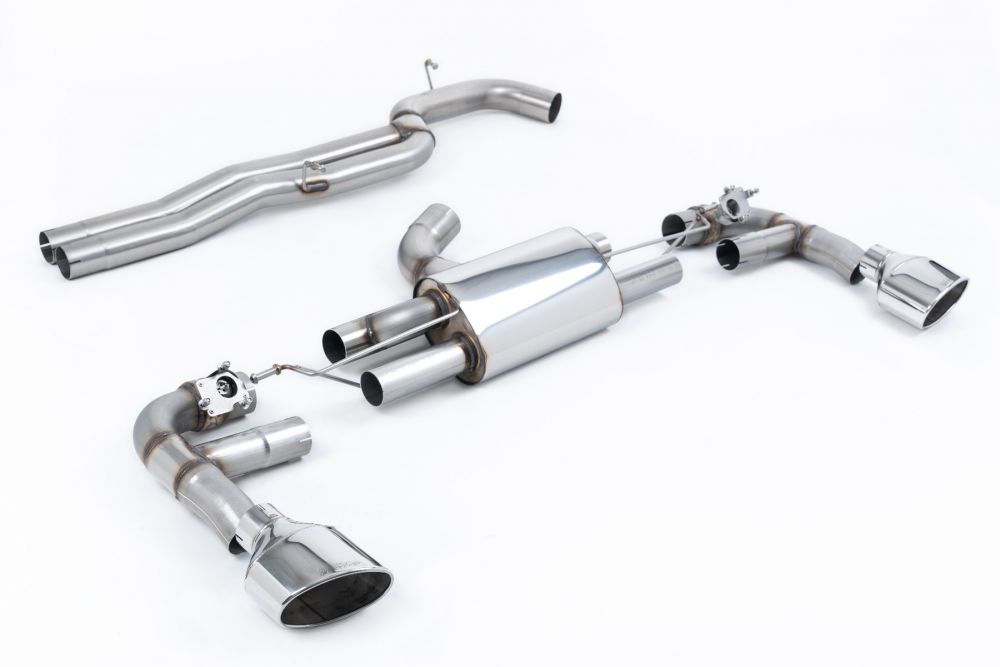 Milltek Sport exhaust system parts for 2017-2018 Audi RS3 Sportback 400PS - Non-OPF/GPF Models (part SSXAU979): pipework, silencers and black tailpipe tips