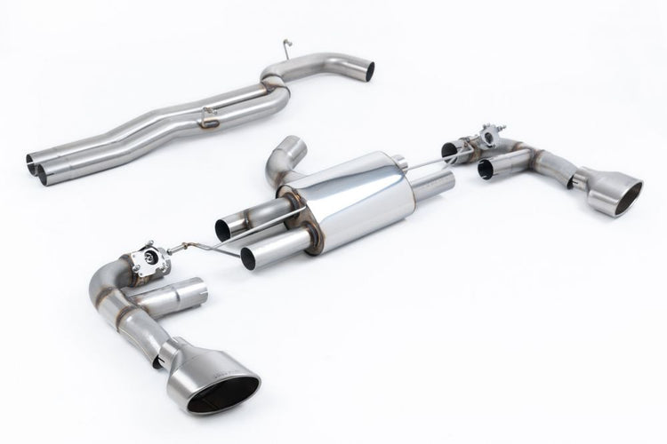A top side view of Milltek 80mm Race Non-Resonated Cat-back Exhaust System Brushed Titanium Tips for Audi RS3 8V Sportback (Facelift) 2015+ with white background