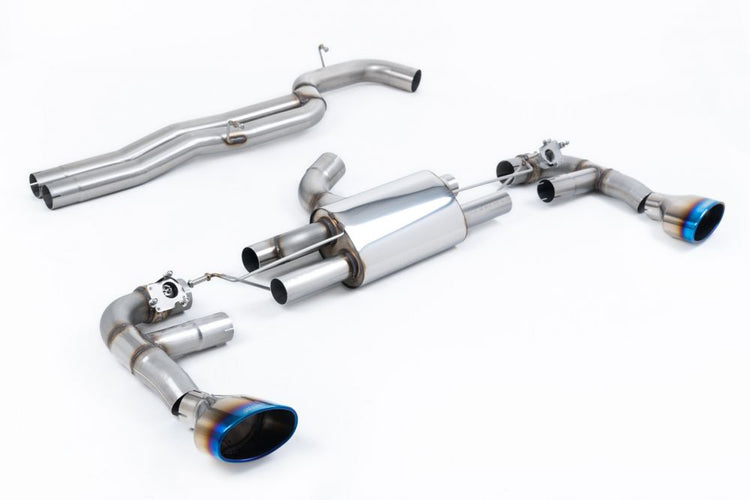 A top side view of Milltek 80mm Race Non-Resonated Cat-back Exhaust System Burnt Titanium Tips for Audi RS3 8V Sportback (Facelift) 2015+ with white background