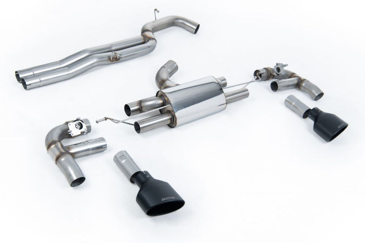 A front view of Milltek 80mm Race Non-Resonated Cat-Back Exhaust System for Audi RS3 8V Saloon / Sedan 2015+ with white background