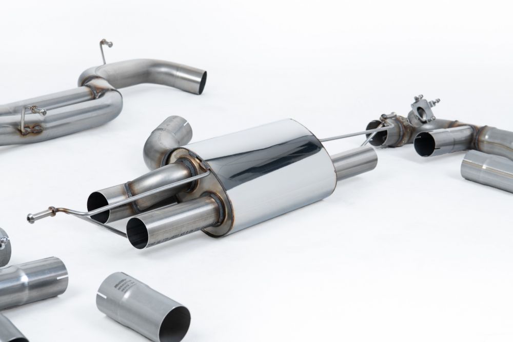 Milltek Sport exhaust system parts for 2017+ Audi RS3 Saloon / Sedan 400PS - Non-OPF/GPF Models (part SSXAU983): pipework, silencers and black tailpipe tips