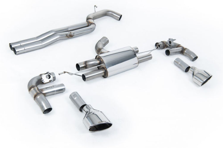 A front view of Milltek 80mm Race Non-Resonated Cat-Back Exhaust System for Audi RS3 8V Saloon / Sedan 2015+ with white background