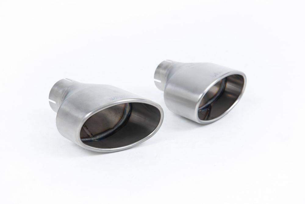 A front view of Milltek Brushed Titanium Tips with white background