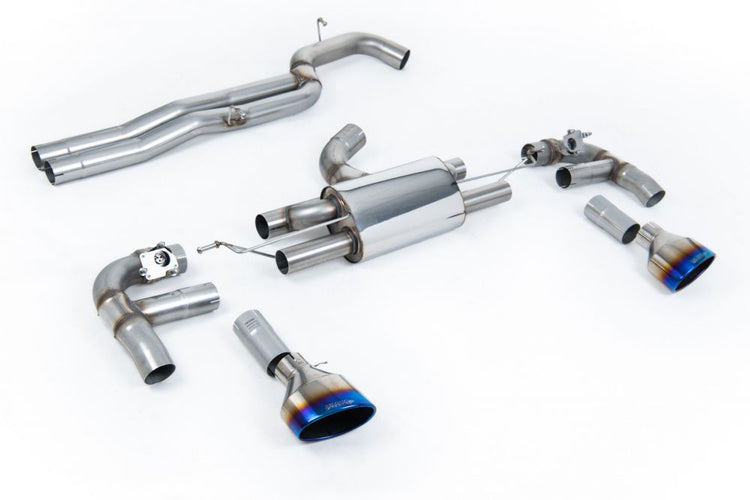 A front view of Milltek 80mm Race Non-Resonated Cat-Back Exhaust System for Audi RS3 8V Saloon / Sedan 2015+ with white background