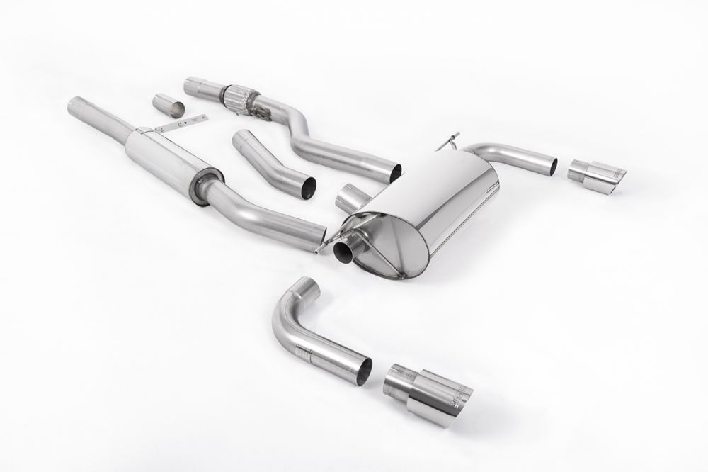 Milltek Sport exhaust system parts for 2014-2016 BMW 4 Series F32 428i Coupé (part SSXBM1004): pipework, silencers and polished silver tailpipe tips