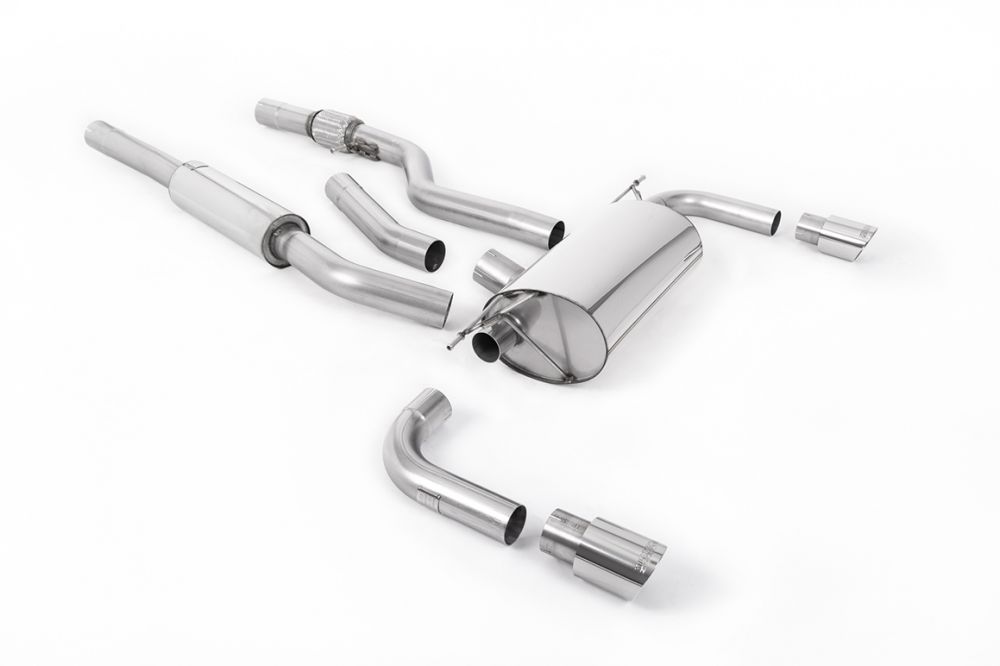 Milltek Sport exhaust system parts for 2014-2016 BMW 4 Series F32 428i Coupé (part SSXBM1012): pipework, silencers and polished silver tailpipe tips