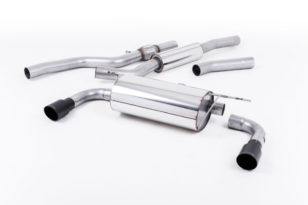 Milltek Sport exhaust system parts for 2014-2016 BMW 4 Series F32 428i Coupé (part SSXBM1015): pipework, silencers and black tailpipe tips