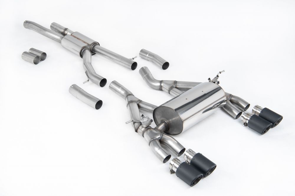 Milltek Sport exhaust system parts for 2014-2018 BMW 4 Series F82/83 M4 Coupe/Convertible & M4 Competition Coupé (part SSXBM1062): pipework, silencers and polished silver tailpipe tips