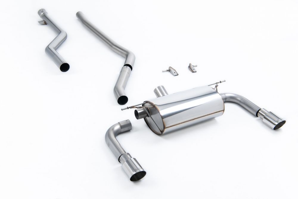 Milltek Sport exhaust system parts for 2015-2019 BMW 3 Series F30 320i M Sport Saloon (part SSXBM1072): pipework, silencers and polished silver tailpipe tips (photo 2)