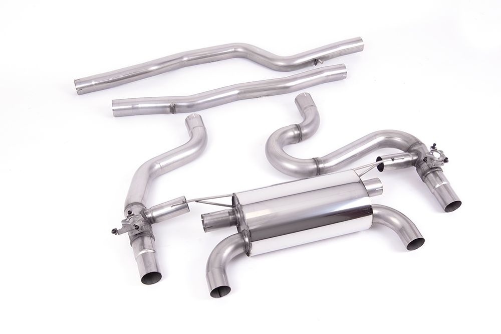 Milltek Sport exhaust system parts for 2018+ BMW 2 Series M2 Competition Coupé (part SSXBM1139): pipework, silencers and polished silver tailpipe tips
