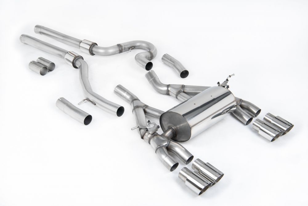 Milltek Sport exhaust system parts for 2014-2018 BMW 3 Series F80 M3 & M3 Competition Saloon (part SSXBM1146): pipework, silencers and polished silver tailpipe tips