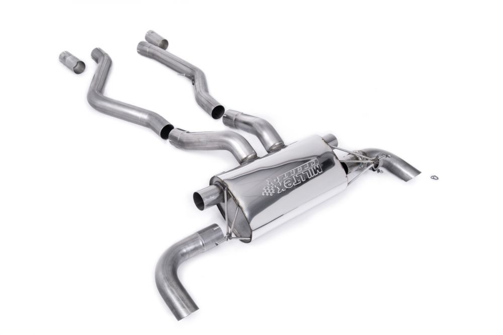 Milltek Sport exhaust system parts for 2021+ BMW 4 Series G22 M440i Coupe (part SSXBM1157): pipework, silencers and polished silver tailpipe tips