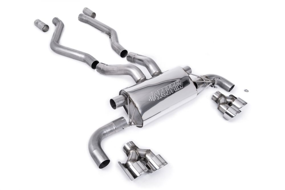 Milltek Sport exhaust system parts for 2021+ BMW 4 Series G22 M440i Coupe (part SSXBM1158): pipework, silencers and polished silver tailpipe tips