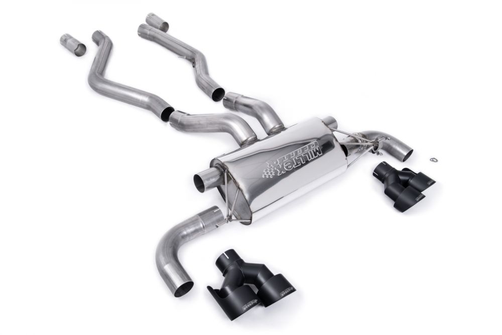 Milltek Sport exhaust system parts for 2021+ BMW 4 Series G22 M440i Coupe (part SSXBM1159): pipework, silencers and black tailpipe tips