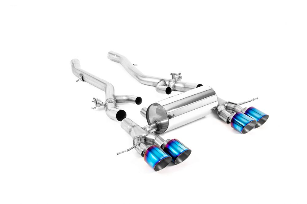 Milltek Sport exhaust system parts for 2021+ BMW 3 Series G80 M3 & M3 Competition S58 3.0 Turbo (part SSXBM1172): pipework, silencers and burnt titanium blue tailpipe tips