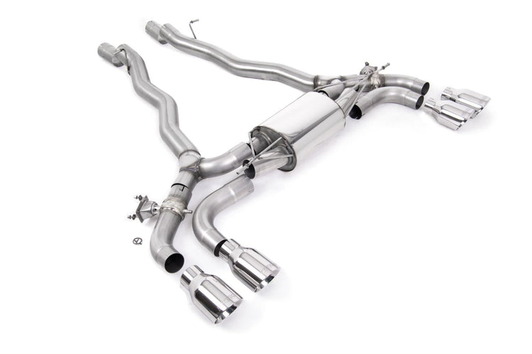 Milltek Sport exhaust system parts for 2019+ BMW 5 Series M5 & M5 Competition 4.4l Twin Turbo F90 (part SSXBM1174): pipework, silencers and polished silver tailpipe tips