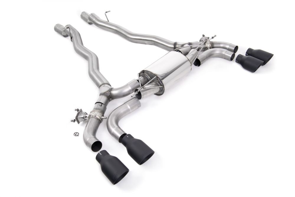 Milltek Sport exhaust system parts for 2019+ BMW 5 Series M5 & M5 Competition 4.4l Twin Turbo F90 (part SSXBM1175): pipework, silencers and black tailpipe tips