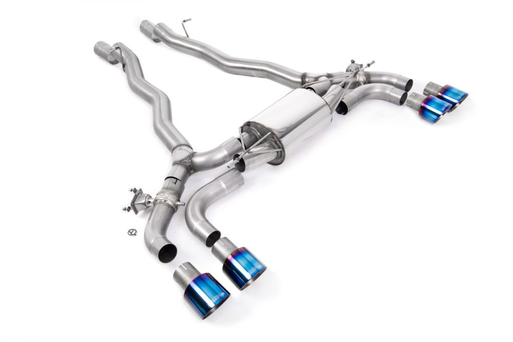 Milltek Sport exhaust system parts for 2019+ BMW 5 Series M5 & M5 Competition 4.4l Twin Turbo F90 (part SSXBM1177): pipework, silencers and burnt titanium blue tailpipe tips