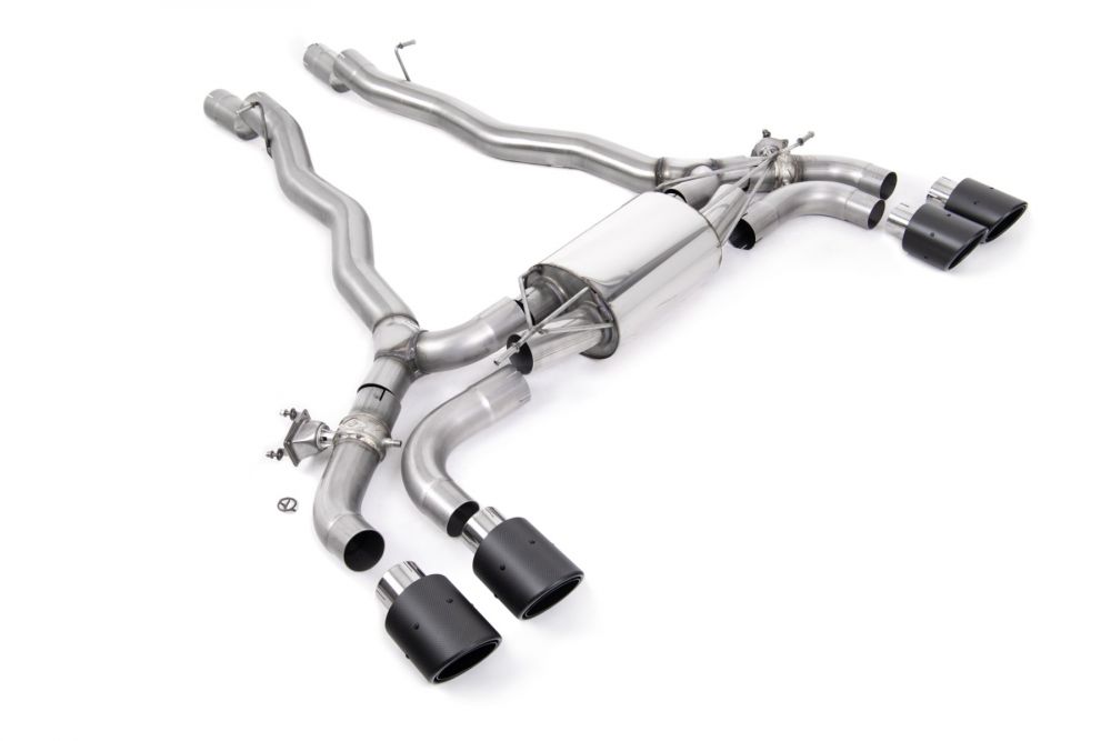 Milltek Sport exhaust system parts for 2019+ BMW 5 Series M5 & M5 Competition 4.4l Twin Turbo F90 (part SSXBM1178): pipework, silencers and black tailpipe tips
